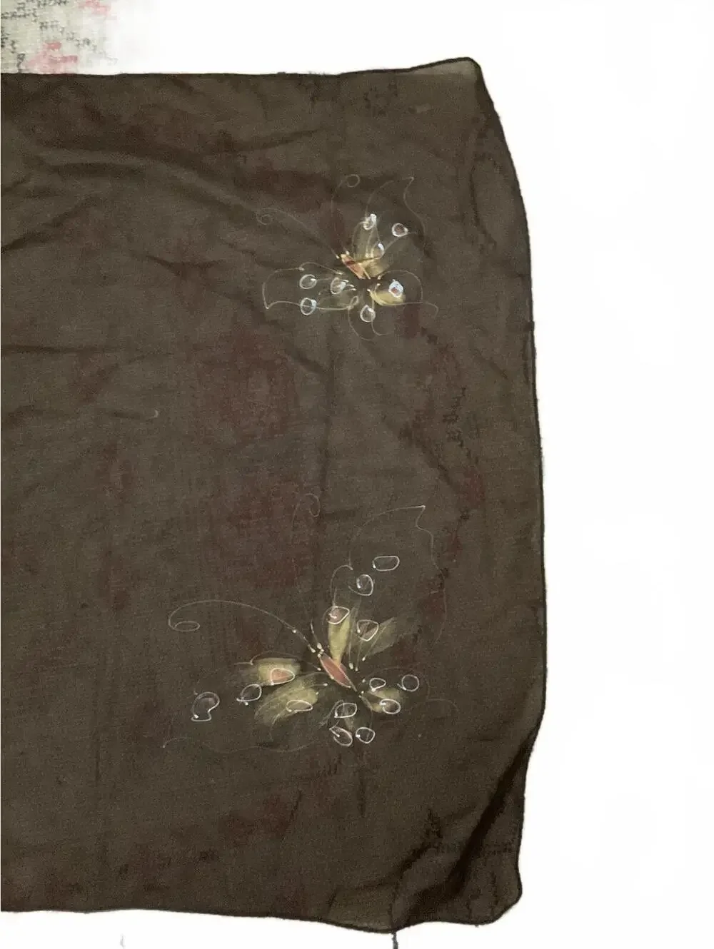 Hand Painted Brown Scarf with Butterfly Design Vintage Fall